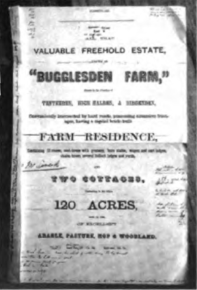 Notice of auction in 1873 of Bugglesden Farm. Maria Louisa received a small legacy from the sale, which helped her purchase a farm in Wheatland, California.