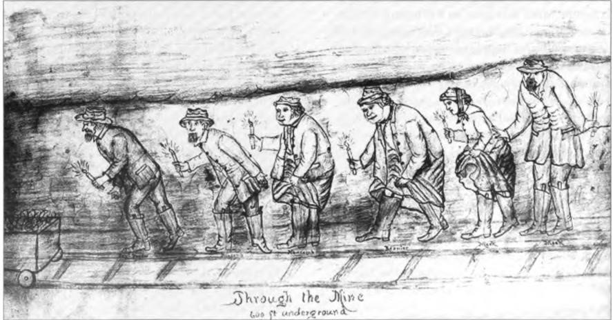John David Meek had several times in his life been a miner. This is his own pencil drawing of the New York Hill Mine in Grass Valley. 600 feet underground. Meek is the tall, bearded man to the far right—preceded by his petite wife, "Lottie," close behind the candlelit footsteps of his mother-in-law Maria Louisa. The mine superintendent, Mr. Snyder, leads the procession, followed by two guests.
