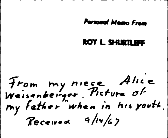 Personal note from Roy about picture of father Samuel