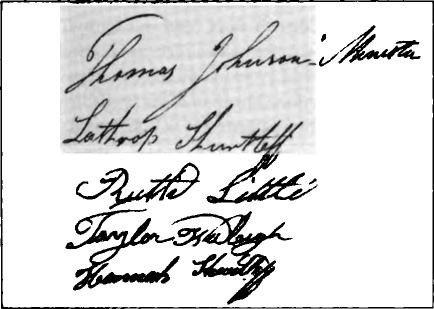 Signature of Thomas (minister), Lothrop Shurtleff, Ruth Little, Taylor Wadleigh and Hannah Shurtleff