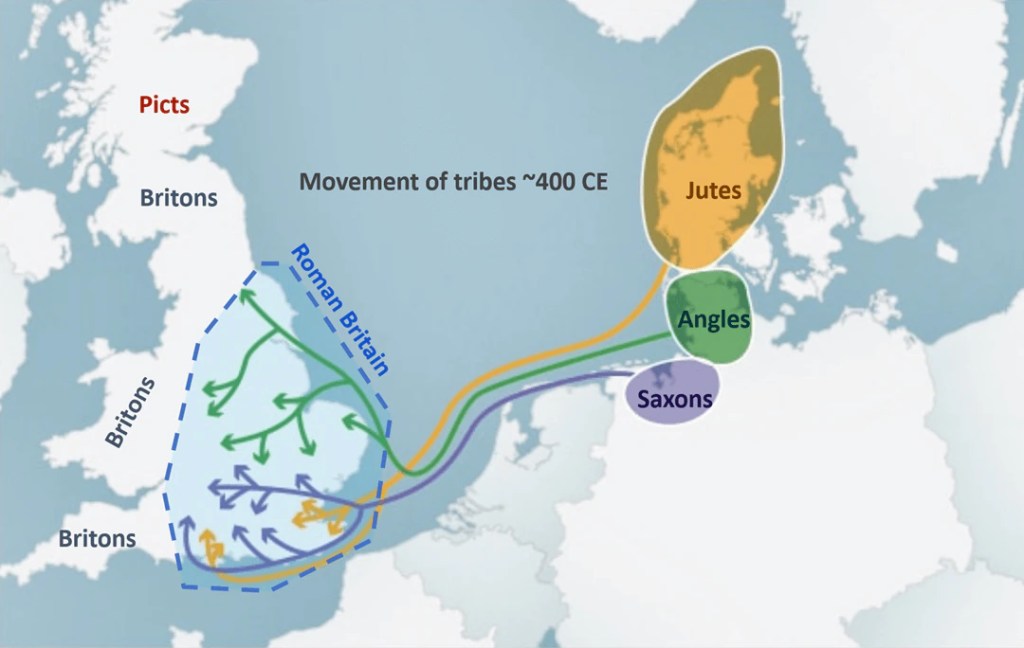 Scandinavian and Northern Germanic tribes settled in the southeastern parts of Britain around 400 CE.