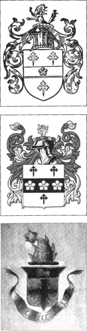 The Lawton family coat of arms. The first two, each with a wolf on top, are most widely accepted. The bottom one has a note from Watson Lawton on the back (see above).