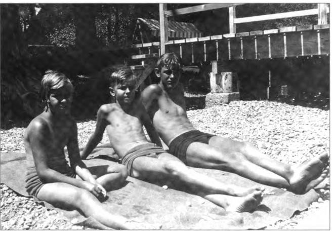 Left to right: Nancy, Gene and Lawton Shurtleff on the beach by the family's pier at Homewood before the days of Sunscreen. Olive oil and vinegar were all the rage—and later to be regretted, circa 1932.