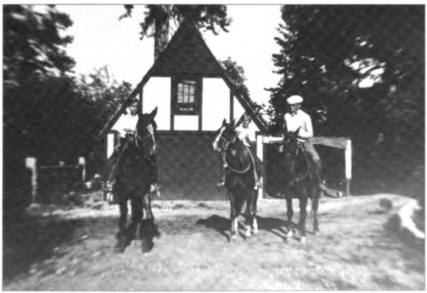The Shurtleff boat storage with sleeping quarters topside for the family chauffeur, alongside Madden Creek, circa 1929. It is hard to imagine now where the horses came from or where they would have ridden them— circa 1929.