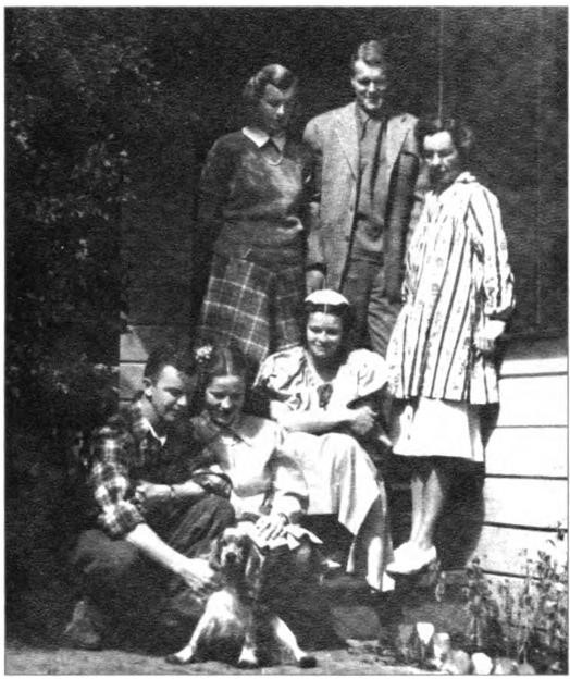Gathering of the family after the war at Lawton and Bobbie's tiny guest cottage at The Ranch, circa 1945. Standing: Nancy, Willard, and Hazle. Sitting: Gene, Rose, and Bobbie, Lawton behind the camera.