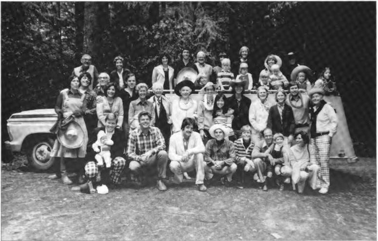 Roy and Mabel (center standing in black hat) and their extended family. At the Bohemian Grove on Roy's 90th birthday, 19 September 1977.