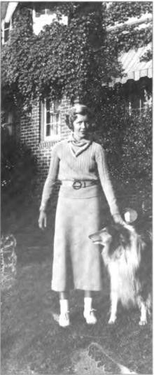 Nancy at the rear of the Shurtleff's Piedmont home, now covered with ivy, with one of Hazle's collies, probably Rudy, circa 1937.