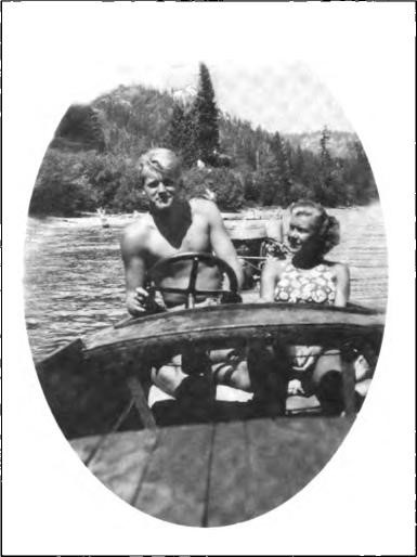 Nancy and Willard met in 1930, and it was "love at first sight." Here they are still going strong at Homewood on Tahoe in the late 1930s, The speedy outboard motorboat Fore belonged to Lawton, Gene, and Nancy.