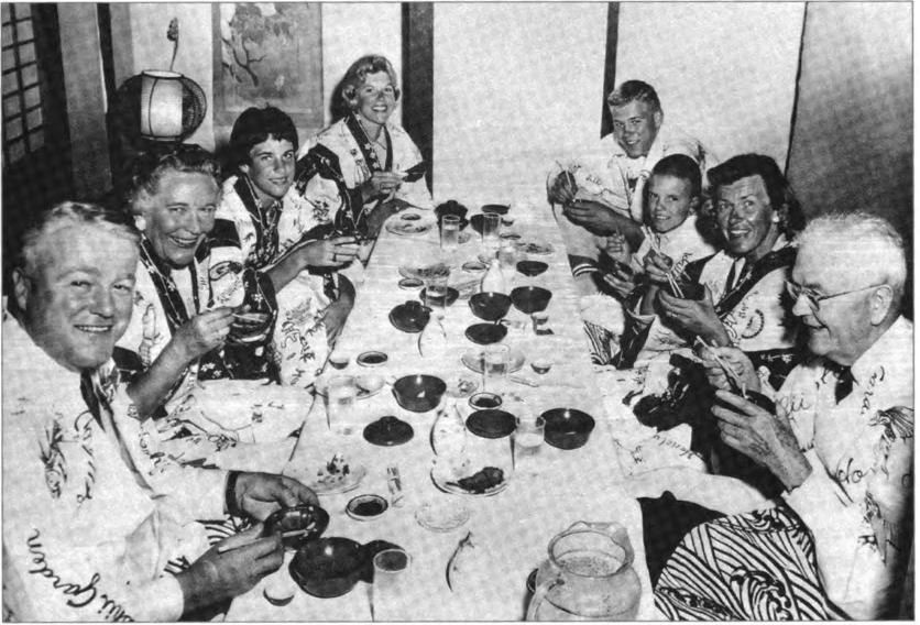 Willard, Mabel, little Nancy, Sandy, Steve, little Roy, Nancy, and Roy at Ishi gardens, Honolulu, Hawaii, 1961. Roy and Mabel treated Nancy and Willard, with their four children to a trip to Hawaii.
