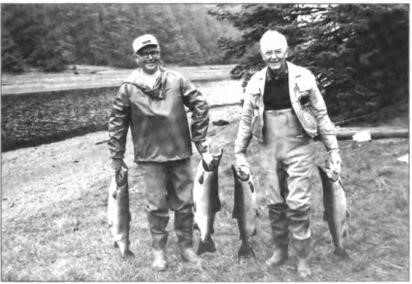 Gene and Roy together enjoying their outing on the Tlel River fishing for Coho salmon, 1966.