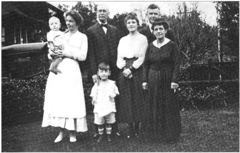 Baby Eugene Shurtleff, Hazle Lawton, father Frank Lawton, Helen Lawton, Roy Shurtleff, and mother Fannie. Son Lawton, in front, with his badly damaged left hand. Christmas, 1917.