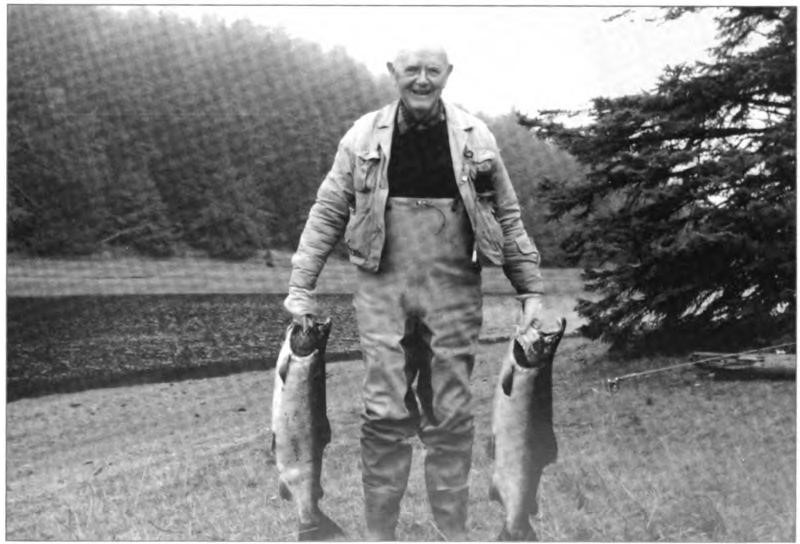 Roy with coho salmon on the Tlel River in British Columbia, on a trip with son Gene, October 1966. Roy became a skilled fisherman, enjoying his newest hobby with friends and family.