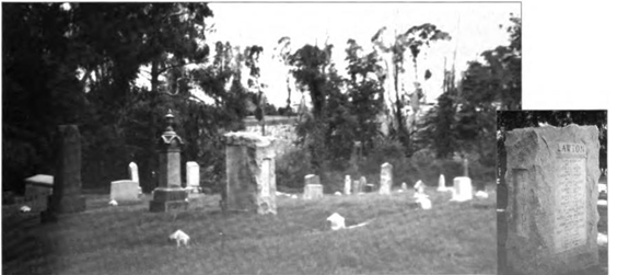 The Lawton head-stone on the hillside in the scenic Mountain View Cemetary. (Right) The headstone up close, after re-cutting and a slight repositioning. Claremont Country Club is in far background.