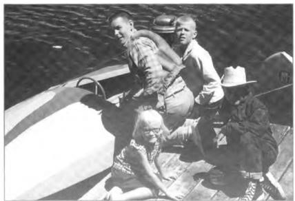Bill with his homemade hydroplane, Bottoms Up. Christie Shurtleff, Bill Shurtleff, Steve Miller and a friend in 1955.