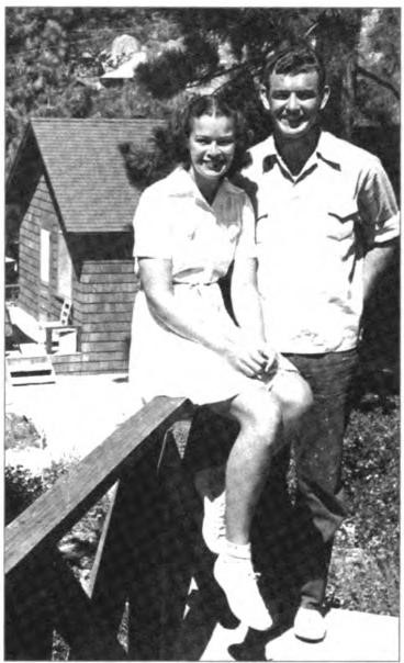 Bobbie and Lawton at the Reinhardt cabin, Brockway, Lake Tahoe 1937.