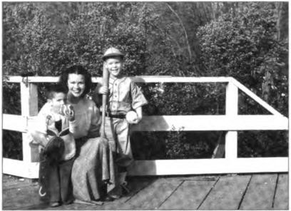 Jeffrey, Bobbie, and Bill, on the bridge over the deep creek at 175 Moraga Road, Orinda, circa 1949.