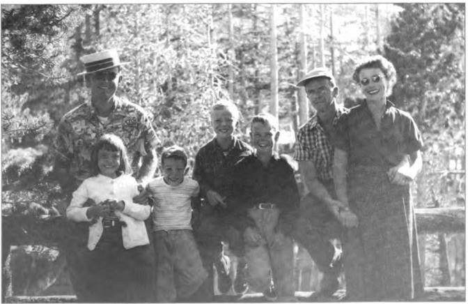 Lawton, Gene and Rose with Kathie, Jeff, Bob and Bill at one of Roy Shurtleff's autumn family outings at The Bohemian Grove on the Russian River, early 1950s.