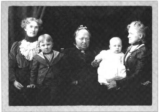 Jessie Martin and her two sons, Roland and Herbert, Jr., with great-grandmother Maria Louisa, age 75, and grandmother, Charlotte Meek Shurtleff, age 50. Taken in Berkeley, 26 December 1899.