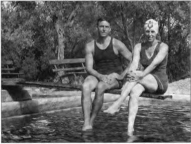 Harry and Joyce at the Mt. Diablo Country Club's new swimming pool. In 1923 Harry and Joyce were employed at Pierce, Fair brokerage firm in San Francisco. Harry, on the diving board, is the closest photo we can find to illustrate Harry's famous high diving talents!