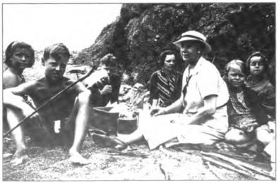 Joyce Lawton on a rare family outing, for a Jenner beach barbeque, circa 1931. Joyce had arrived at Monte Rio on the Russian River probably to visit Harry's sister, Winnie Seymour. Left to right: Betty Lawton, Ed Martin, Dick Seymour, Aunt Win, Joyce, lean Lawton and Marilyn Lawton.
