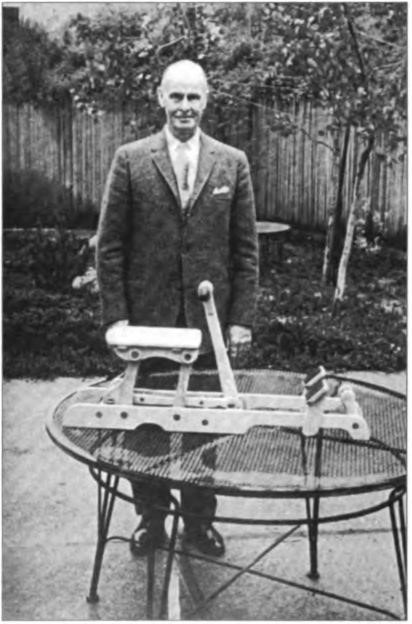 Don with a miniature version of the Lawton Lift Exerciser, an exercise machine. 1965. Among the countless creations he built, it was one of the most creative and enduring. Hundreds are still in use, all handcrafted by Don.