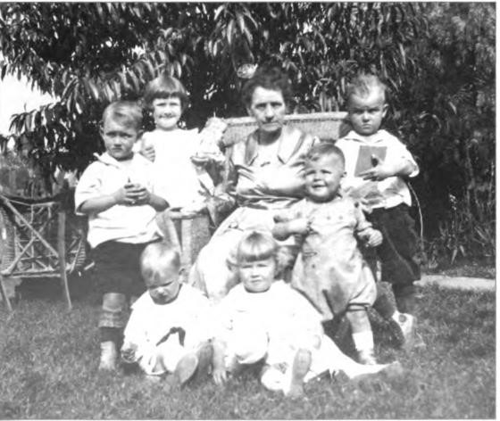 Fanny Lawton (center) on 1 August 1922 surrounded by her grandchildren. Left to right: Bob, Jack, and Birnelyn Seymour. Nancy Shurtleff, Dean Martin, and Eugene Shurtleff. Sadly Dean, age 14 months, died only 4 months later.