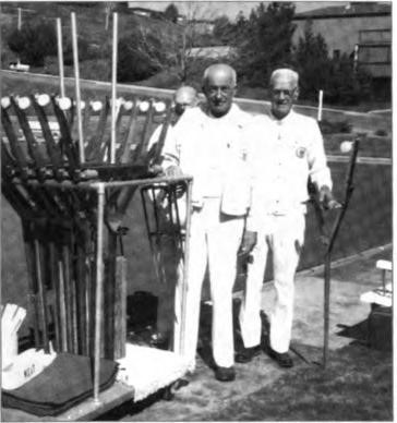 At Rossmoor Harry (right) became an expert at lawn bowling. Dorothy and Harry continued the family tra¬dition of swimming every day wet or shine, circa 1970.