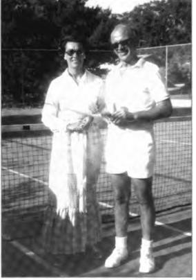 Mardy and Bill at the annual tennis and swimming party at the Bill Baker summer house in Diablo, California, circa 1975.